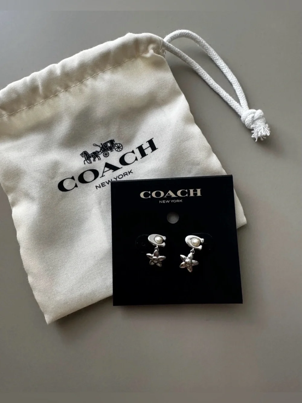 COACH Silver Floral Pearl Drop Earrings